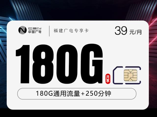 福建广电省内专享卡2.0【39元180G+250分钟】